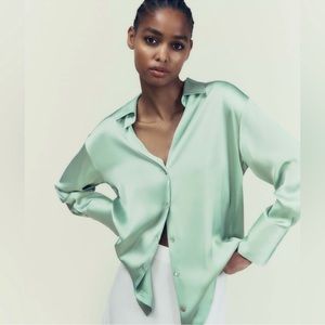 Zara Oversized Satin Button Down (Seafoam / Mint)